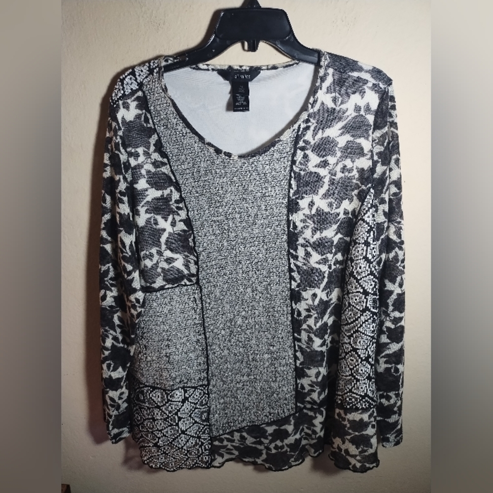 Ali Miles Top Wool Blend Patchwork Floral Mesh Boho Artsy